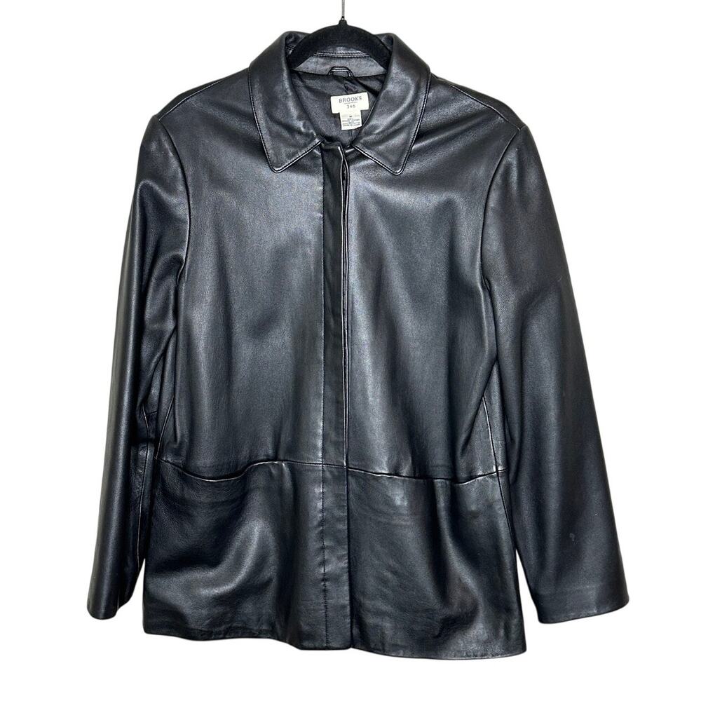 Brooks Brothers 346 Black Genuine Leather Jacket Hidden Buttons Winter Soft M